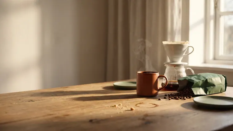 Mesa de café da manhã com a Caneca Terra, o coador de cerâmica e um saco de Café Serra Alta