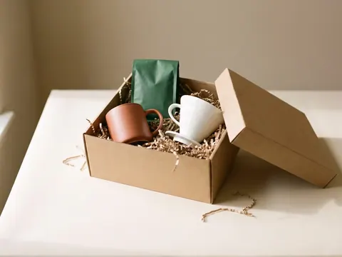Caixa de presente kraft com uma caneca, um pacote de café e um coador