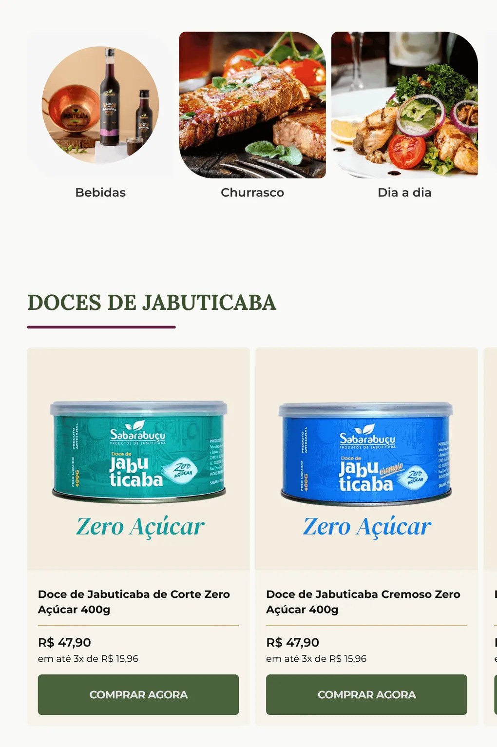 Página inicial da loja Shopify da Sabarabuçu, criada pela Chesslab: atalhos por categoria e vitrine de doces de jabuticaba com preço, parcelamento e botão Comprar agora.