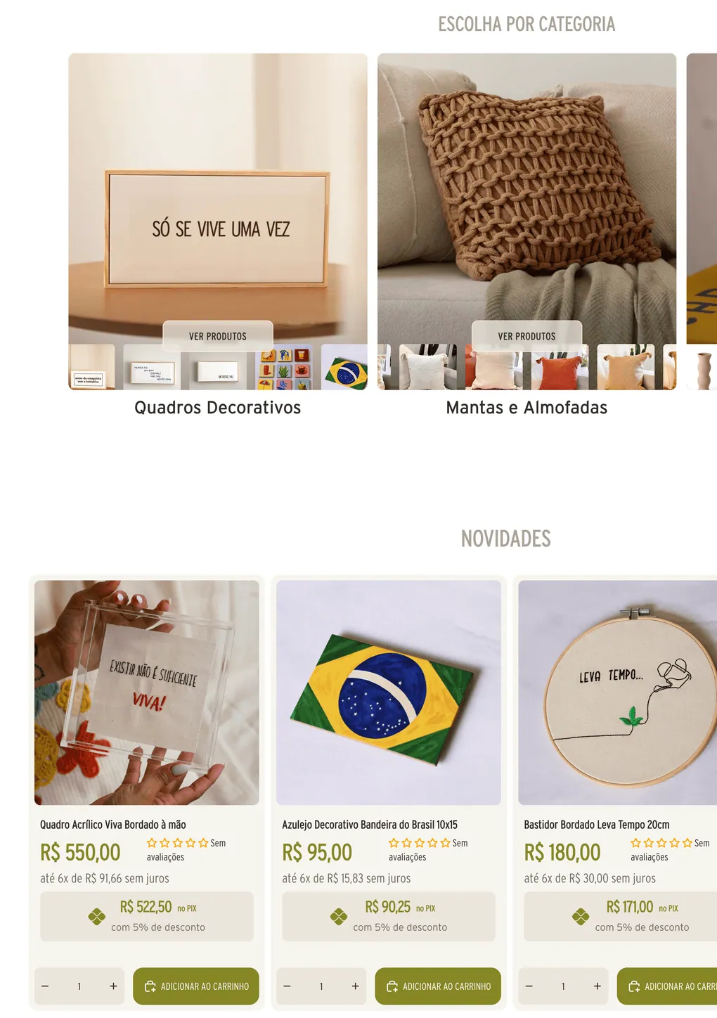 Página inicial da loja Shopify da Cantu Decor, criada pela Chesslab: atalhos por categoria e vitrine de novidades com preço, parcelamento em até 6x e desconto no PIX.